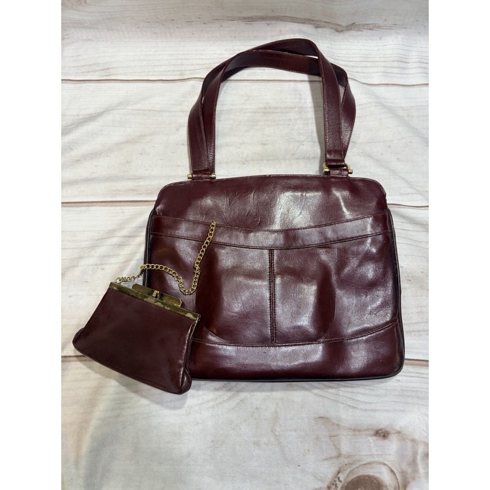 Vintage Lou Taylor Burgundy Leather Satchel Purse Built In Mirror Coin Pouch